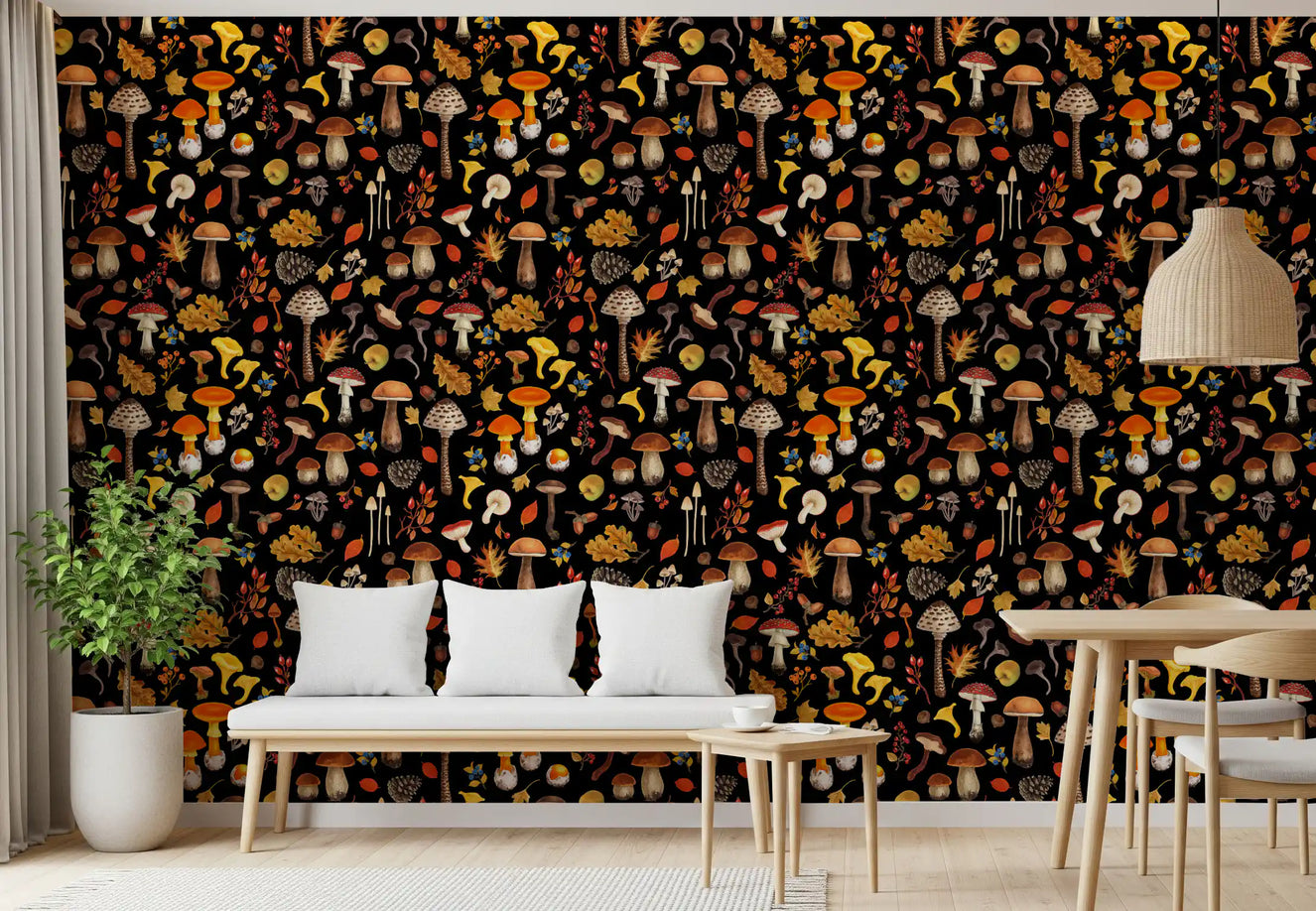 Champignons sauvages sur papier peint noir