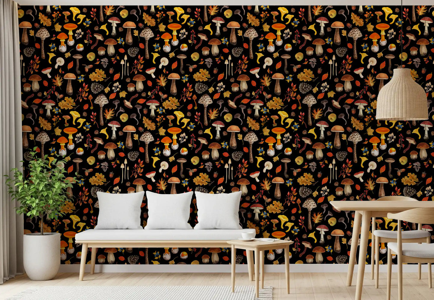mushrooms, oak leaves and cover the wallpaper in a calm Dining room.