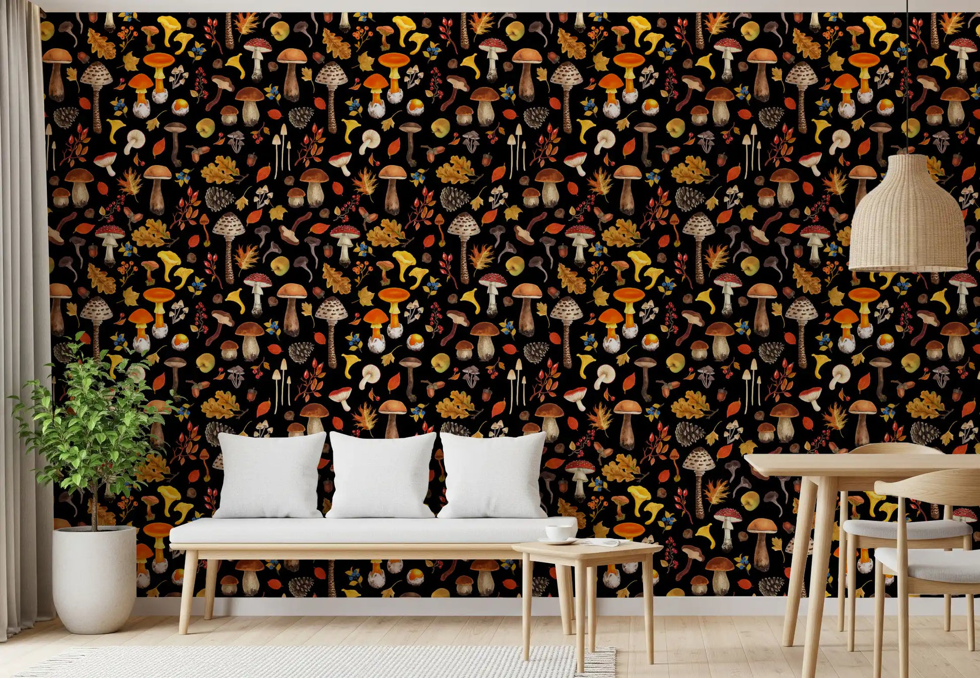mushrooms, oak leaves and cover the wallpaper in a calm Dining room.
