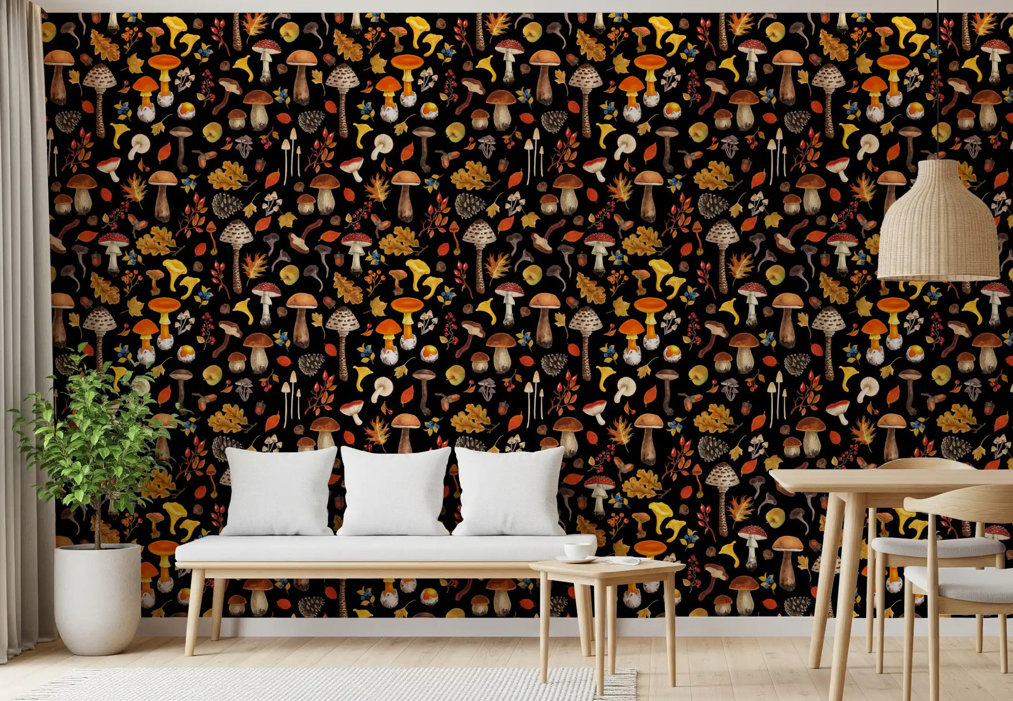 mushrooms, oak leaves and cover the wallpaper in a calm Dining room.