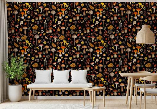 mushrooms, oak leaves and cover the wallpaper in a calm Dining room.
