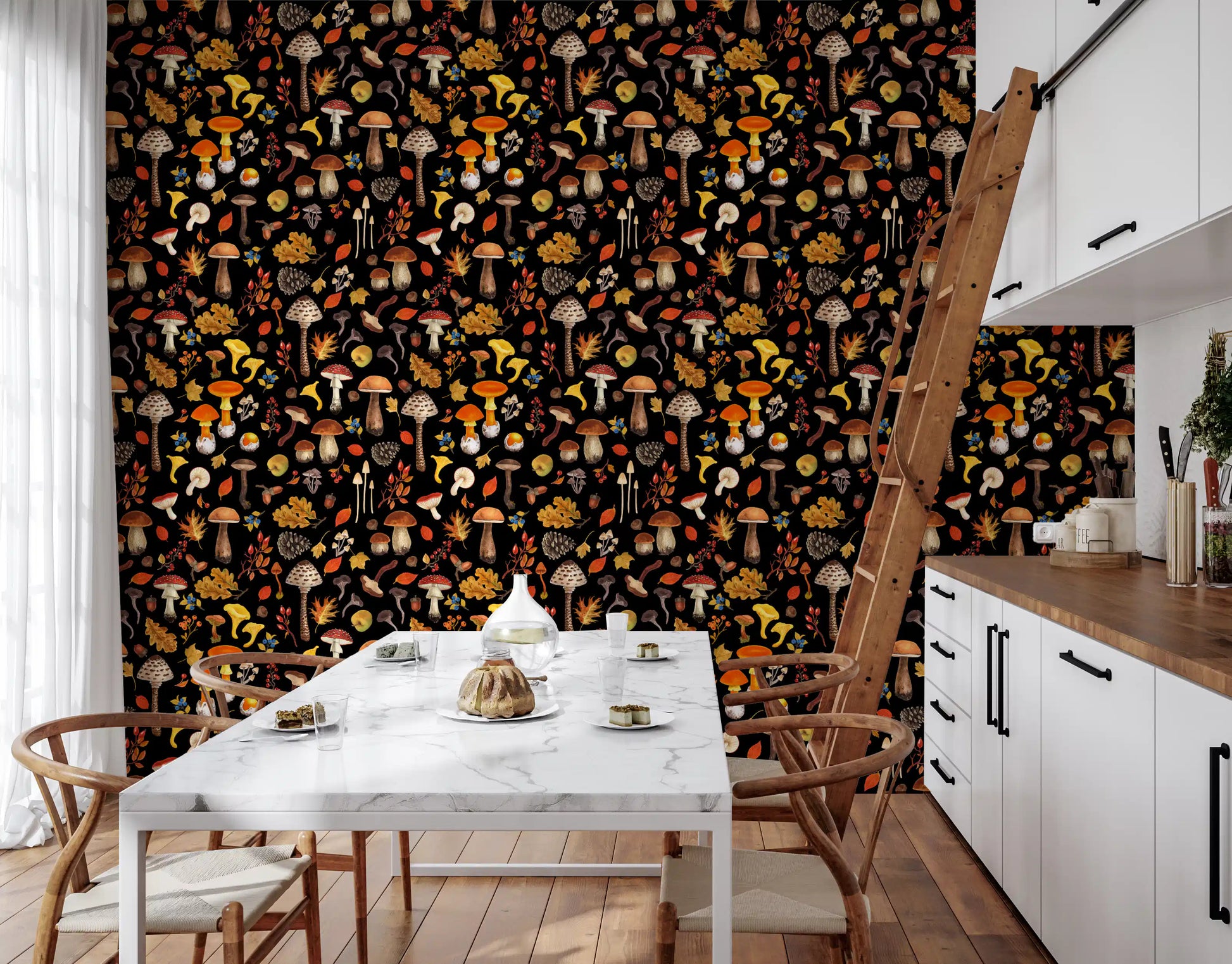 painterly fungi rest a flat black ground in the Wild wallpaper.