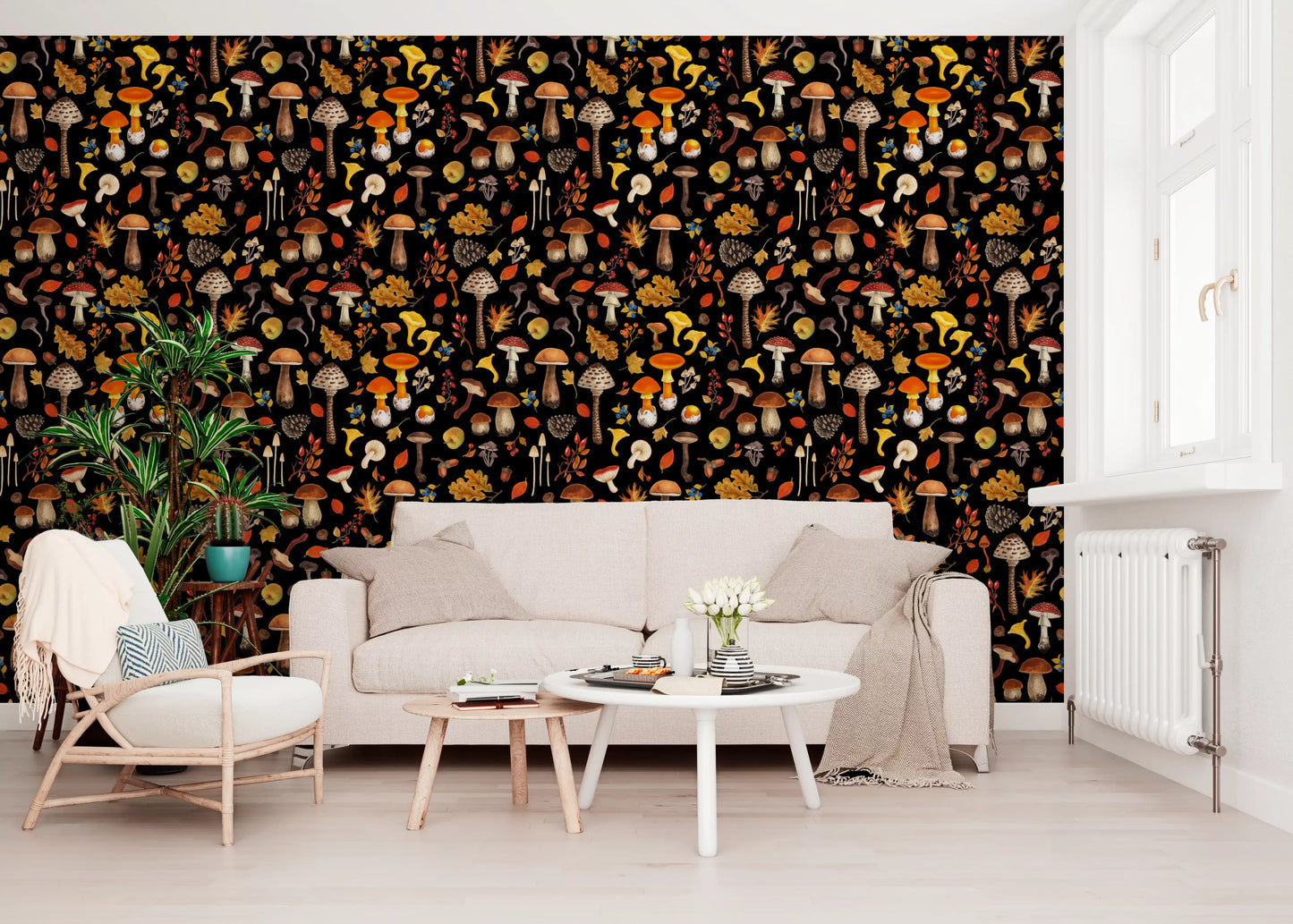 Toadstools spread through the Wild Mushrooms wallpaper in a Living room.