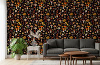 Orange caps sit beside acorns and pinecones in this autumn wallpaper .