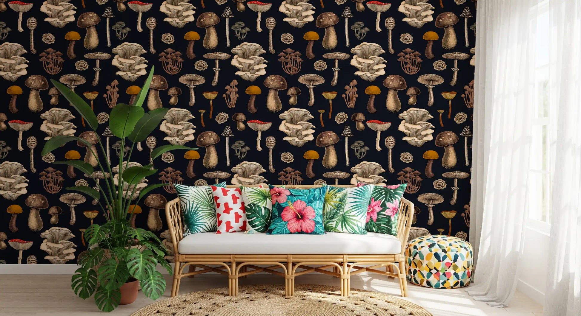 Living room pair with this Wild Mushrooms graphite black wallpaper finish.