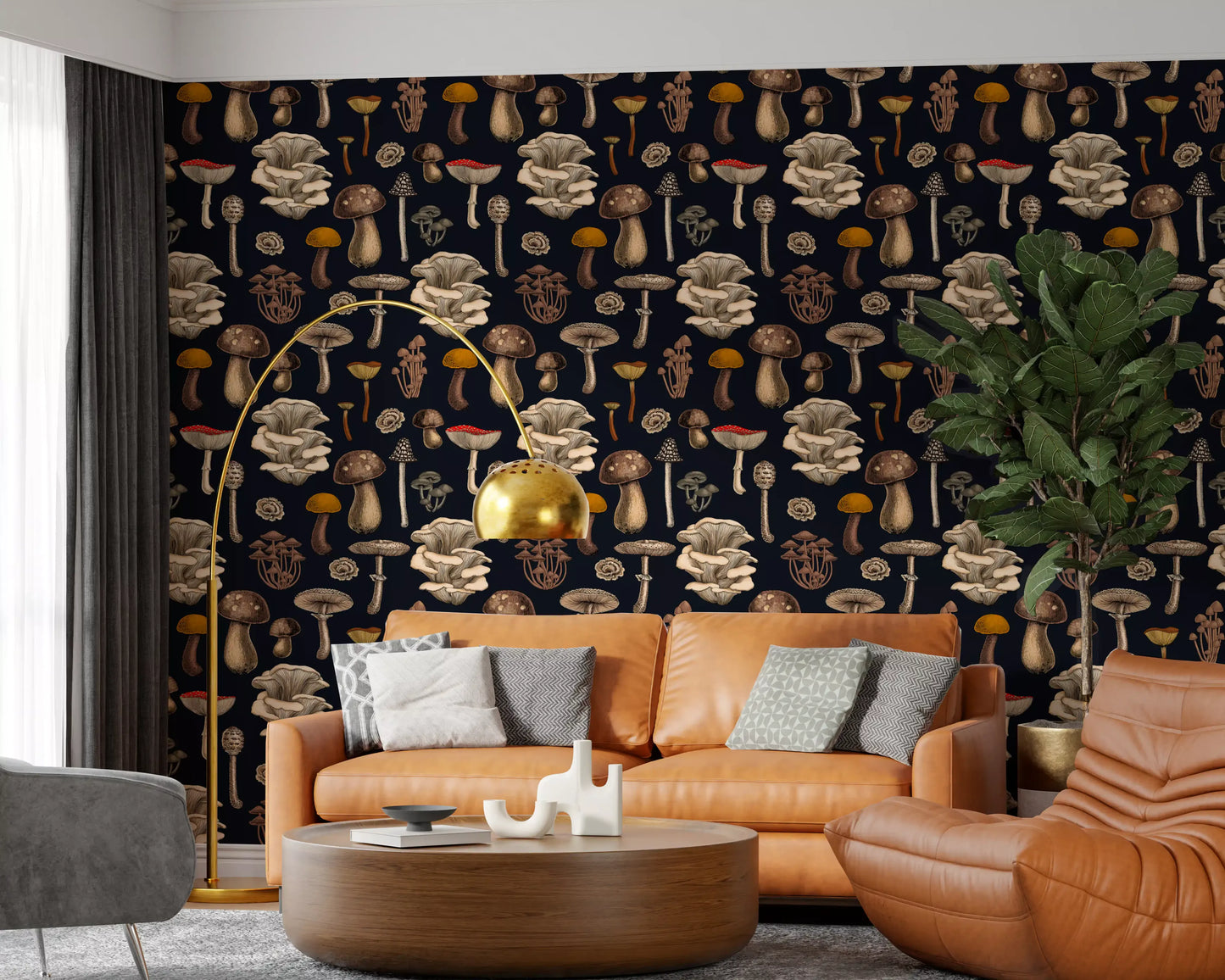 Wild wallpaper holds oyster, toadstools and caps on graphite black ground.