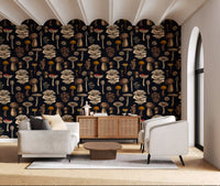 Journal mood lives across cream, ochre and rust on this graphite black wallpaper.