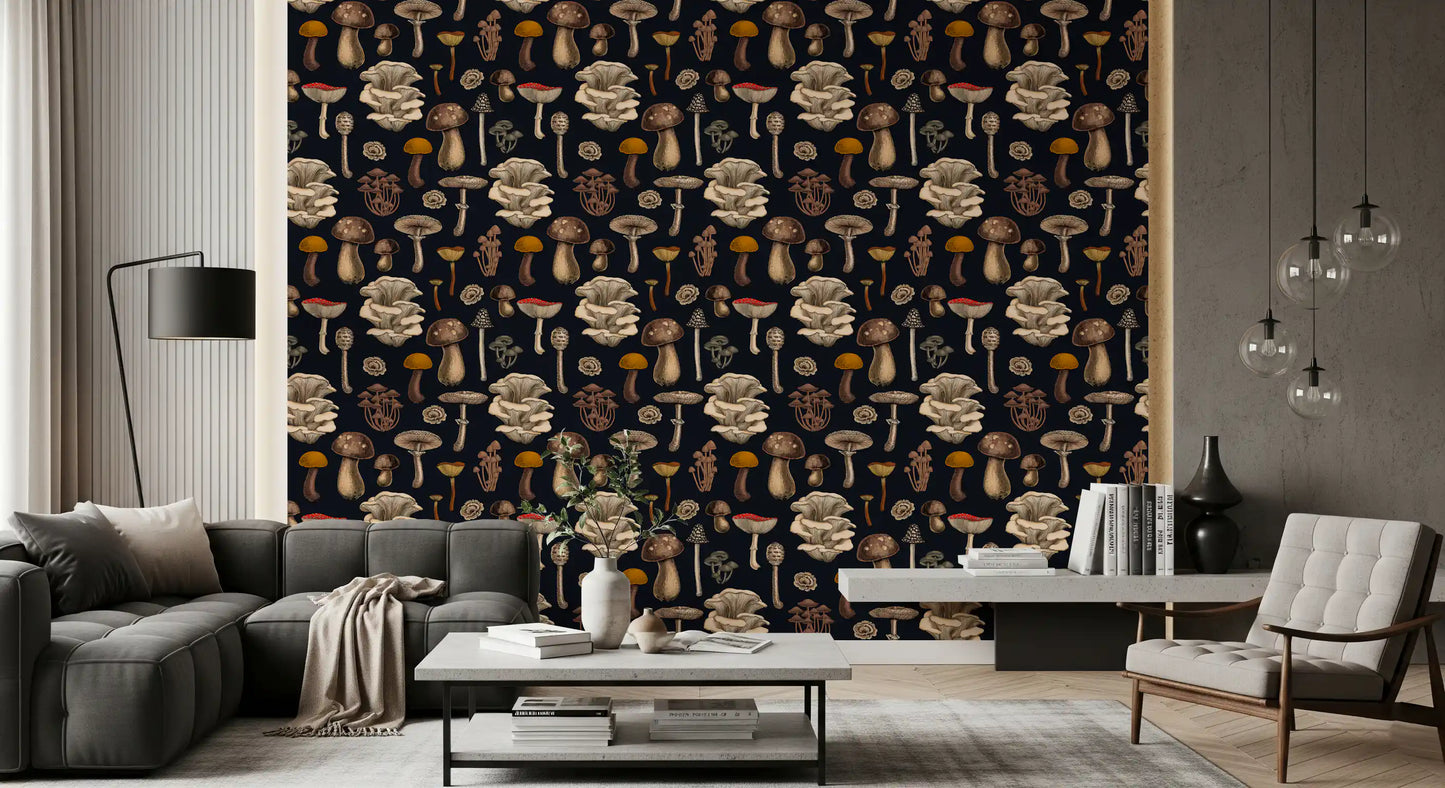 Cream and ochre mushroom wallpaper sits the living room in graphite tones.