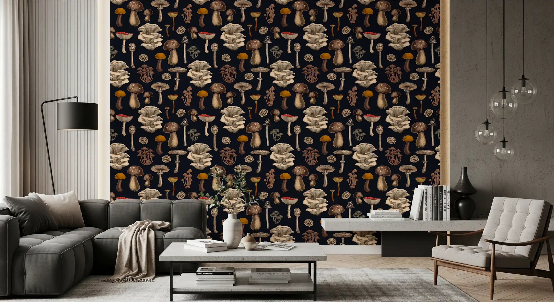 Cream and ochre mushroom wallpaper sits the living room in graphite tones.