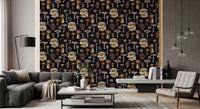 Cream and ochre mushroom wallpaper sits the living room in graphite tones.