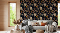 Tonal mushroom drawings sit close on this graphite black wallpaper backdrop.