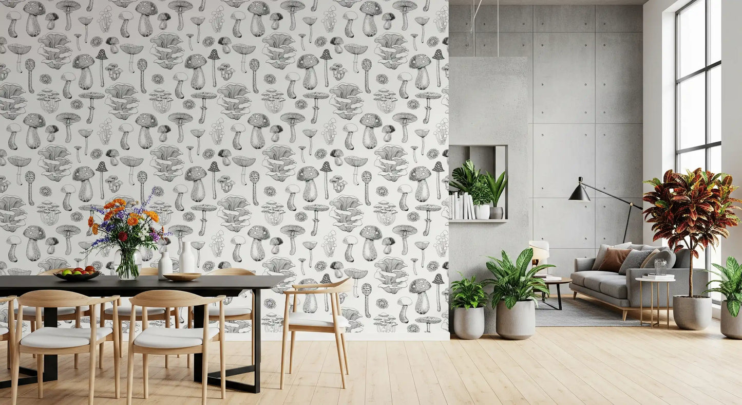 Wilde Paddenstoelen in zwart-wit behang