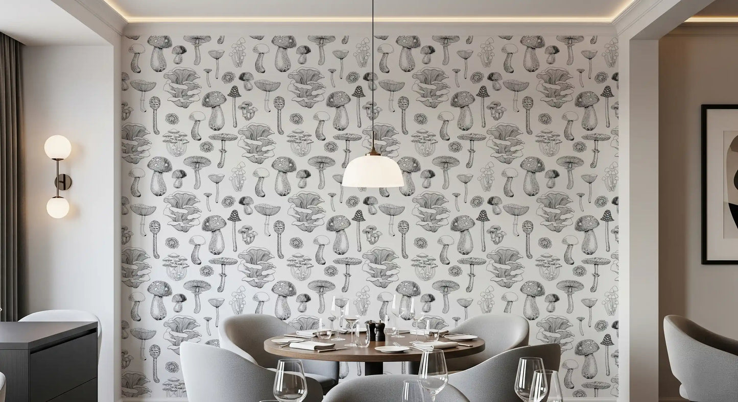 Wilde Paddenstoelen in zwart-wit behang