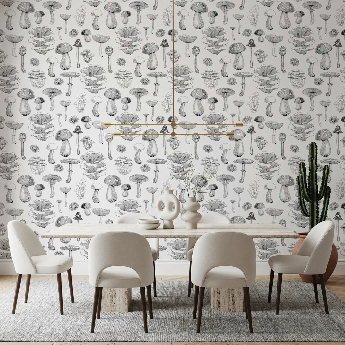 Pen-sketched fungi cover the dining room: Wild Black White wallpape
