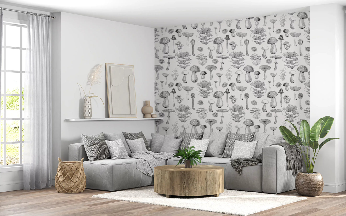 Wilde Paddenstoelen in zwart-wit behang