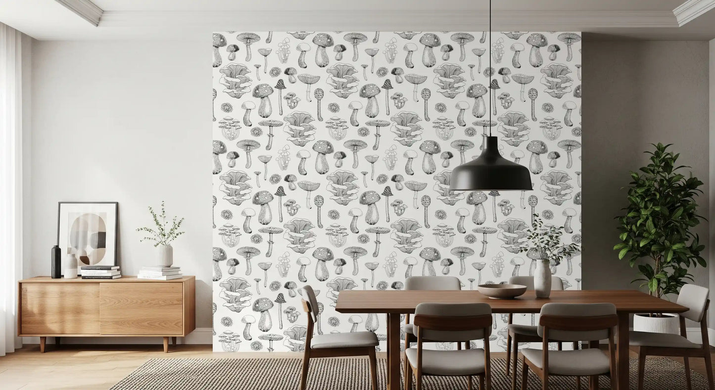 Wilde Paddenstoelen in zwart-wit behang