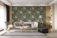 Living room area  takes cream caps and rust tones from this Wild Mushrooms wallpaper.