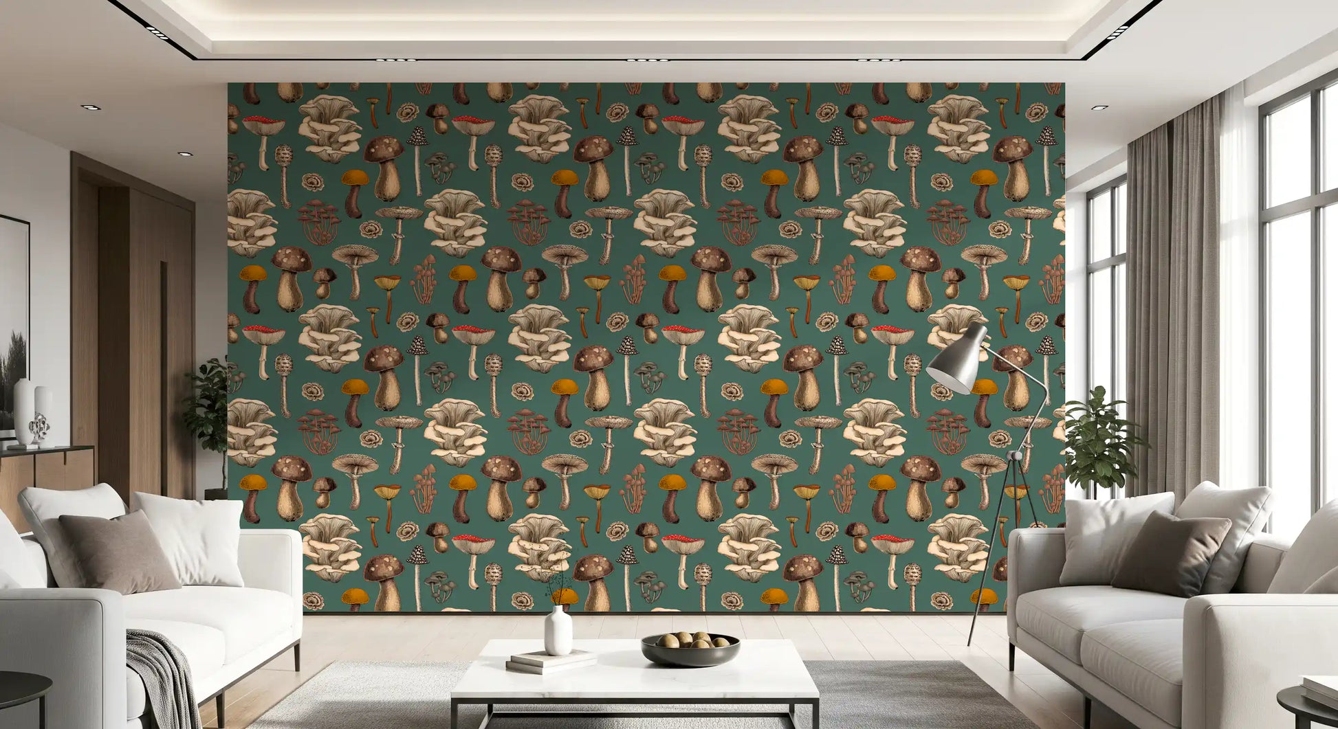 Deep tones from the Wild Mushrooms wallpaper ground the Living room