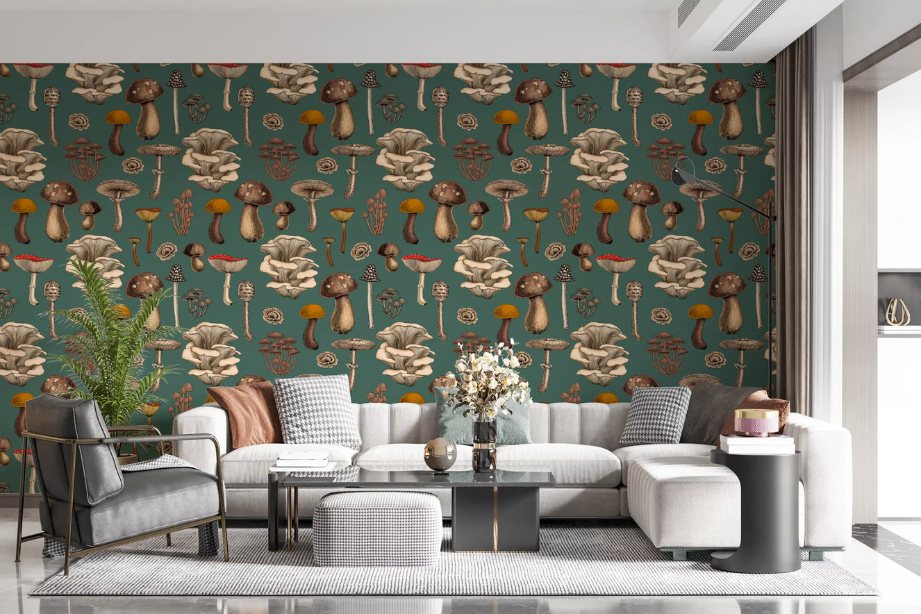 Champignons sauvages sur papier peint vert pin