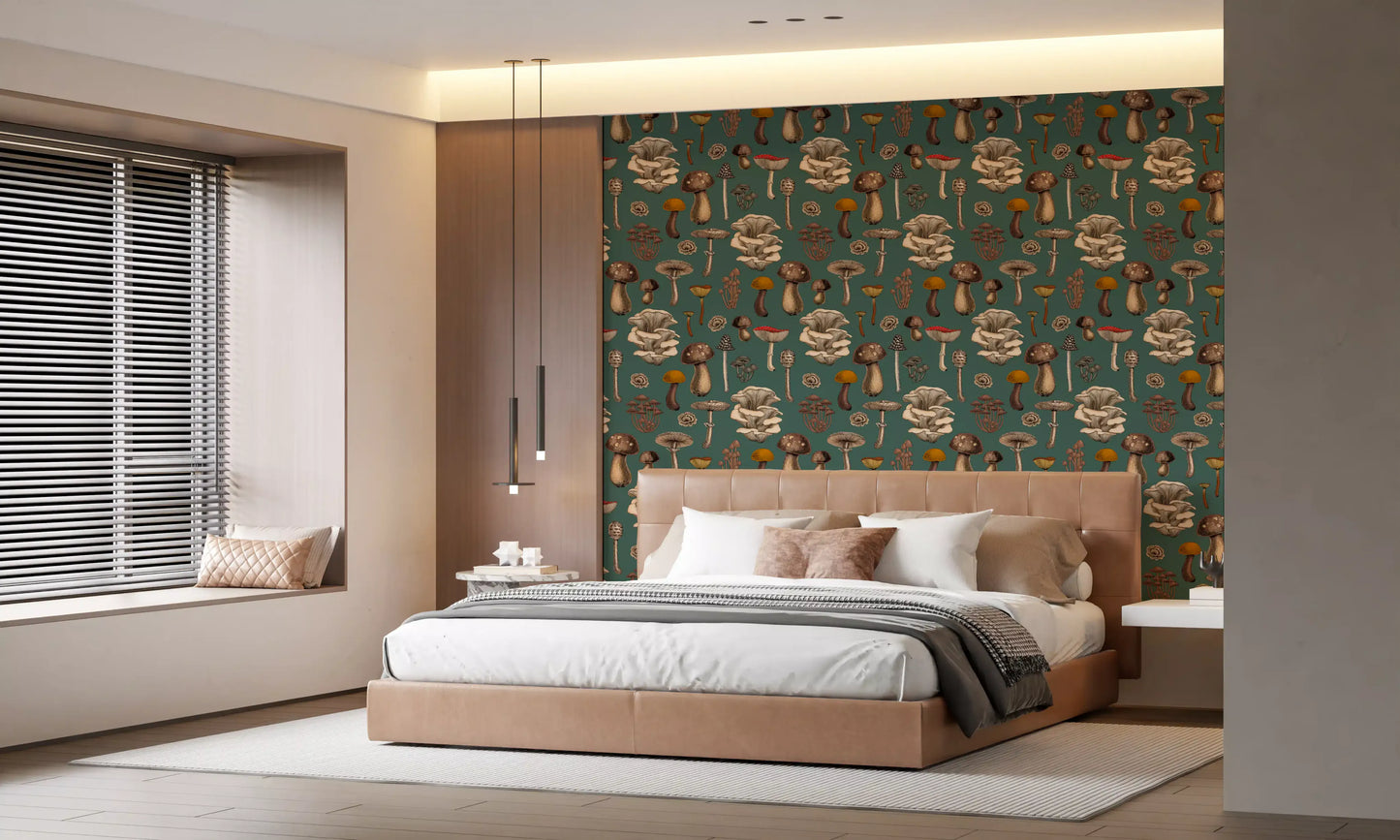 Wild wallpaper holds illustrated fungi across a deep pine green ground.