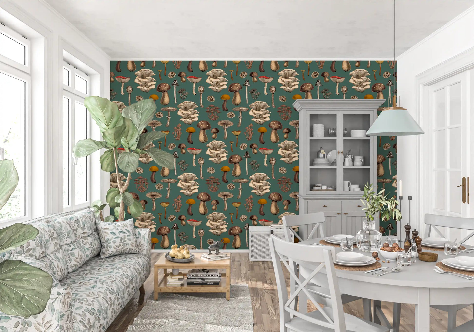 Sketch lines around each cap and stem detail this Wild Mushrooms wallpaper.