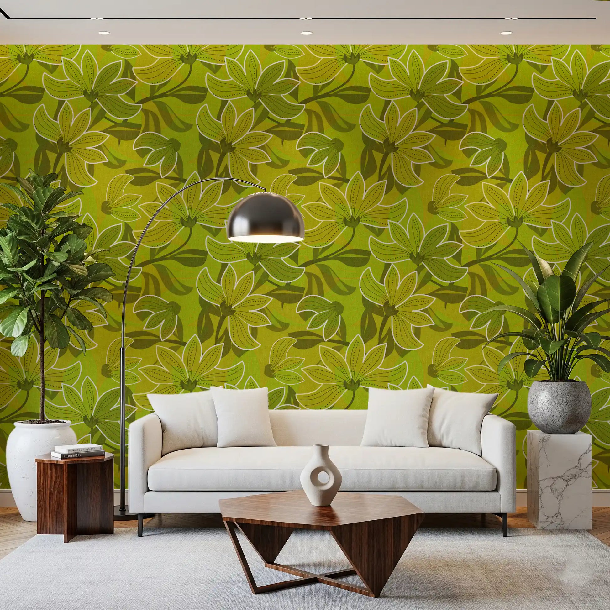 Oversized magnolia blooms outlined in white the Groovy Bloom wallpaper