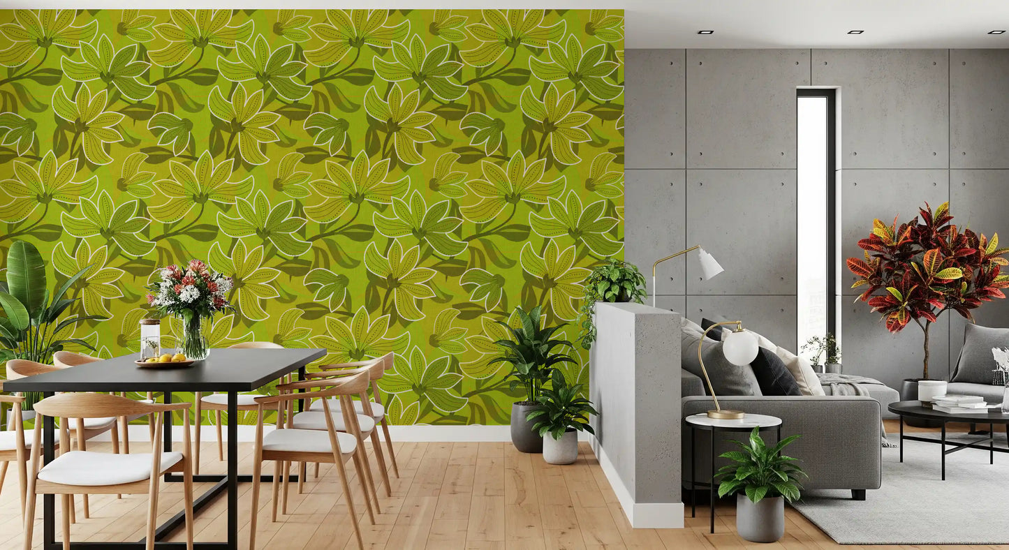 Olive, chartreuse and forest greens layered through this floral wallpaper