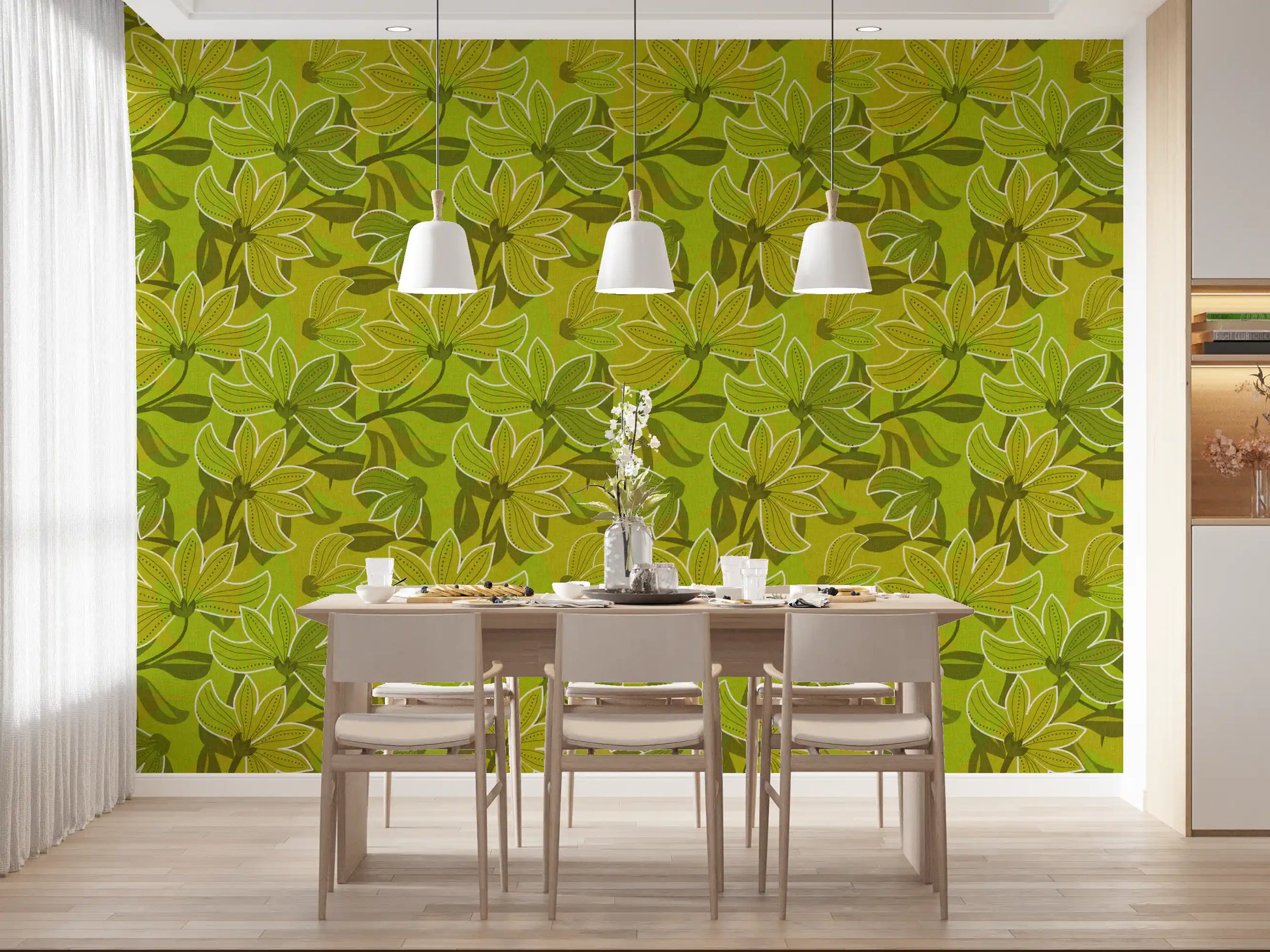Open dining area paired with the green floral wallpaper in retro magnolia tones