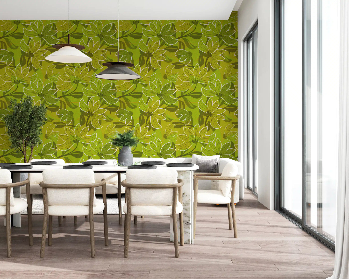 Dotted petal centres detailing each flower on the Green Bloom wallpaper