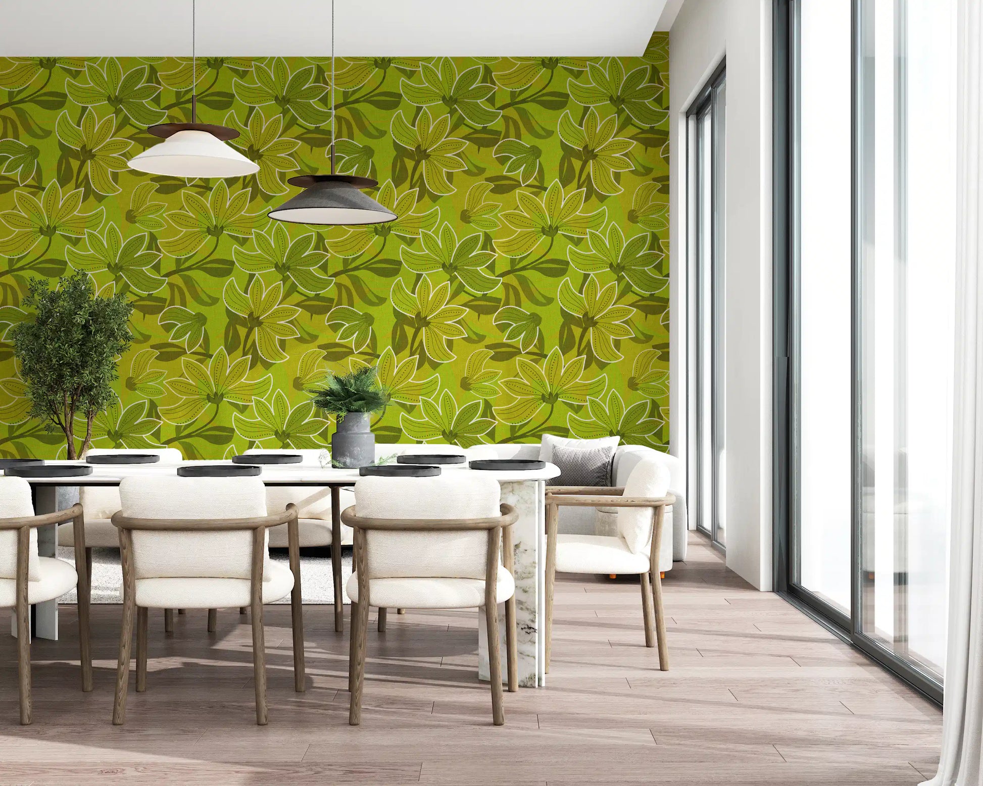 Dotted petal centres detailing each flower on the Green Bloom wallpaper