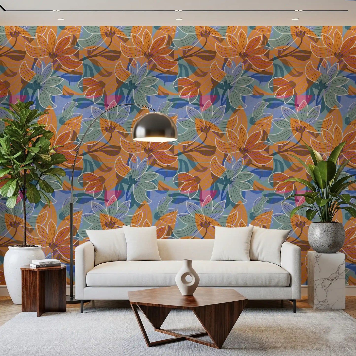 Magnolia bloom wallpaper running across a Living room area