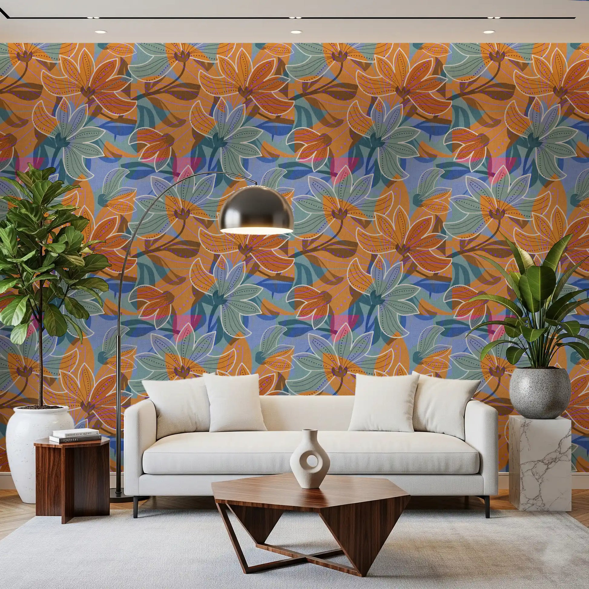 Magnolia bloom wallpaper running across a Living room area