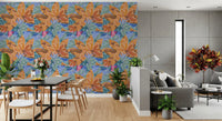 Long Living and dining room  Layered Floral Canvas wallpaper in warm tones