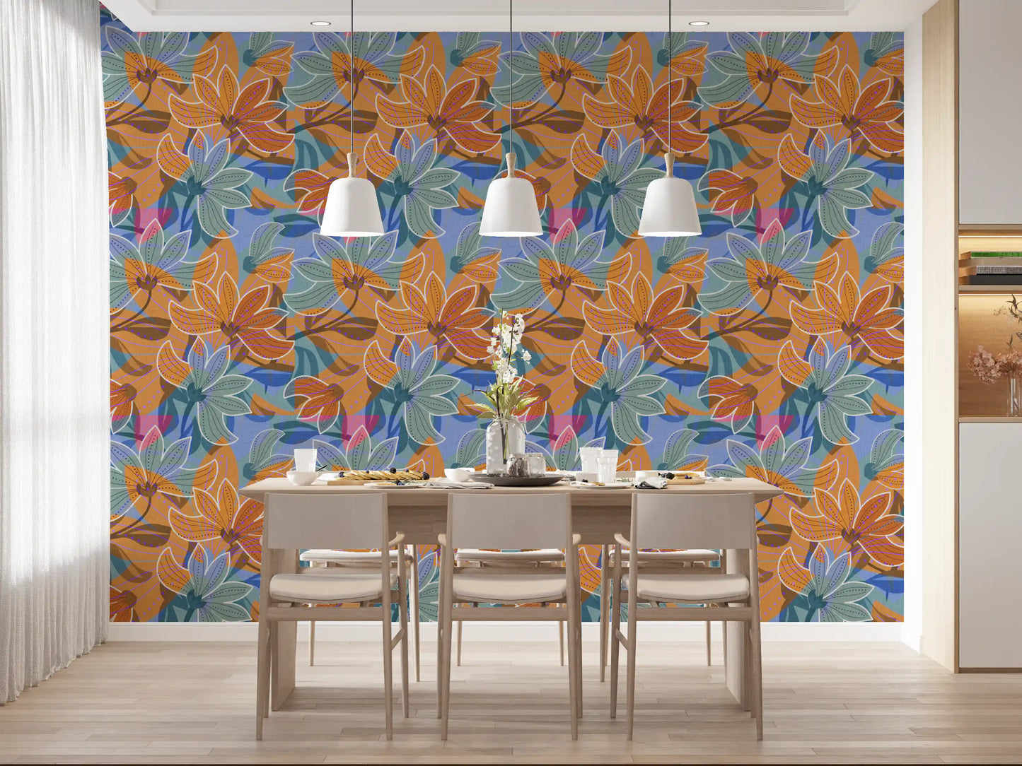 White outlines tracing every petal on this layered magnolia floral wallpaper

