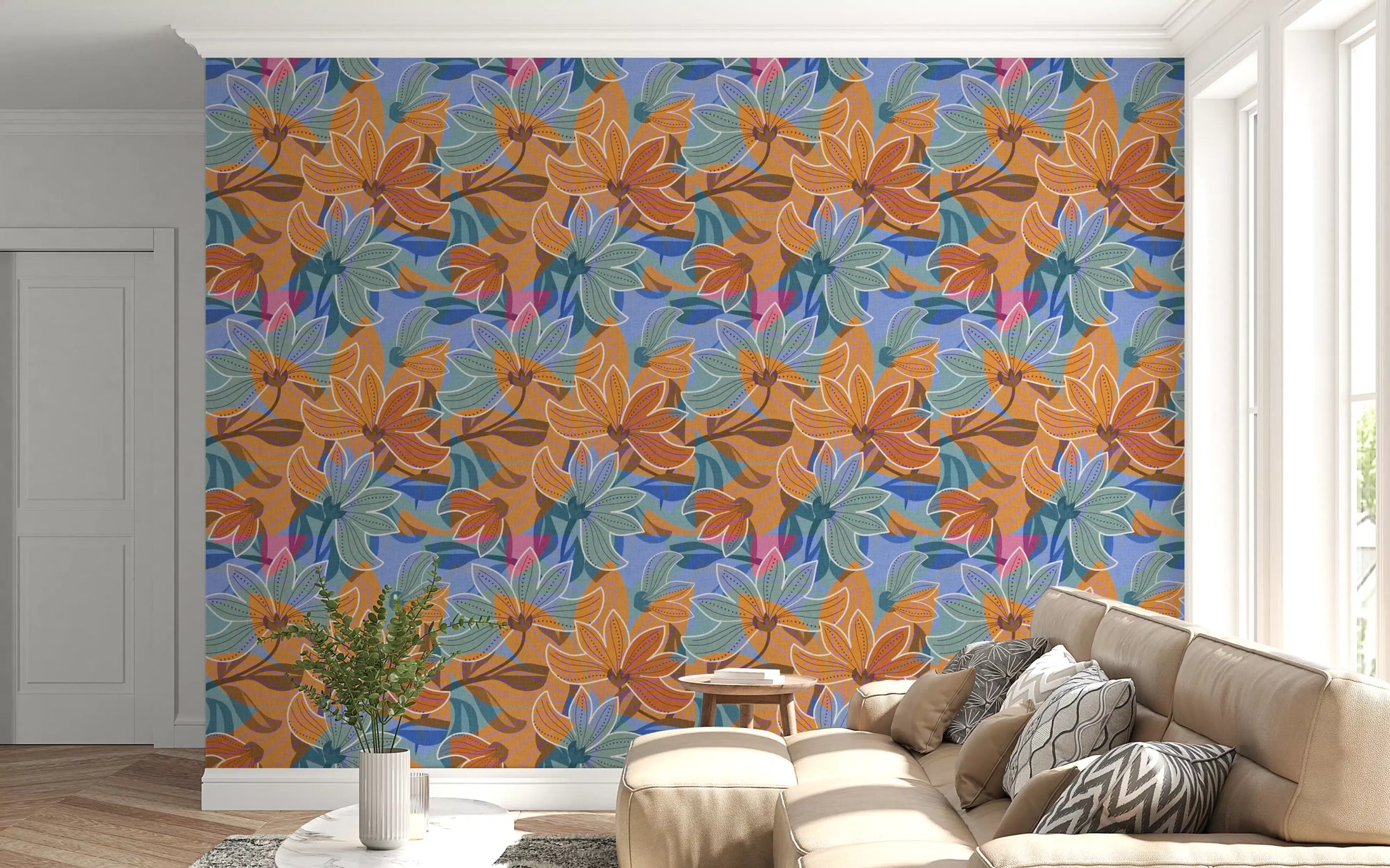 Purple dotted lines detailing the petals on the Layered Floral Canvas wallpaper