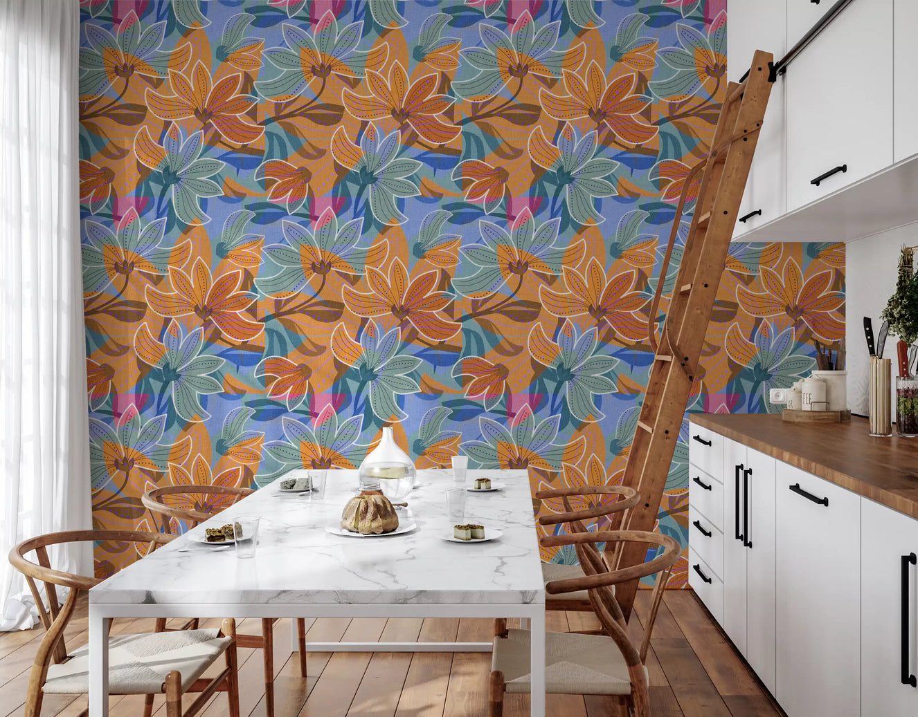 Kitchen-Dining room set with the Floral Canvas wallpaper
