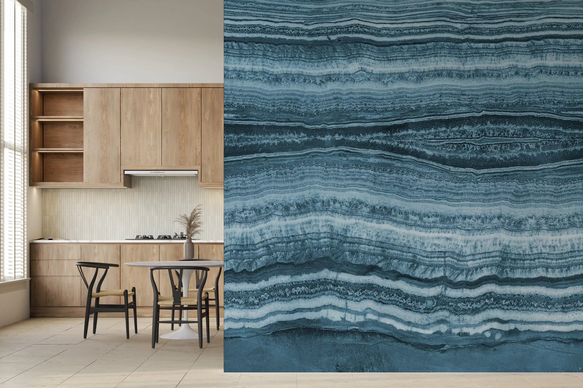 Dark navy pockets weave between teal strata in the wall mural close detail