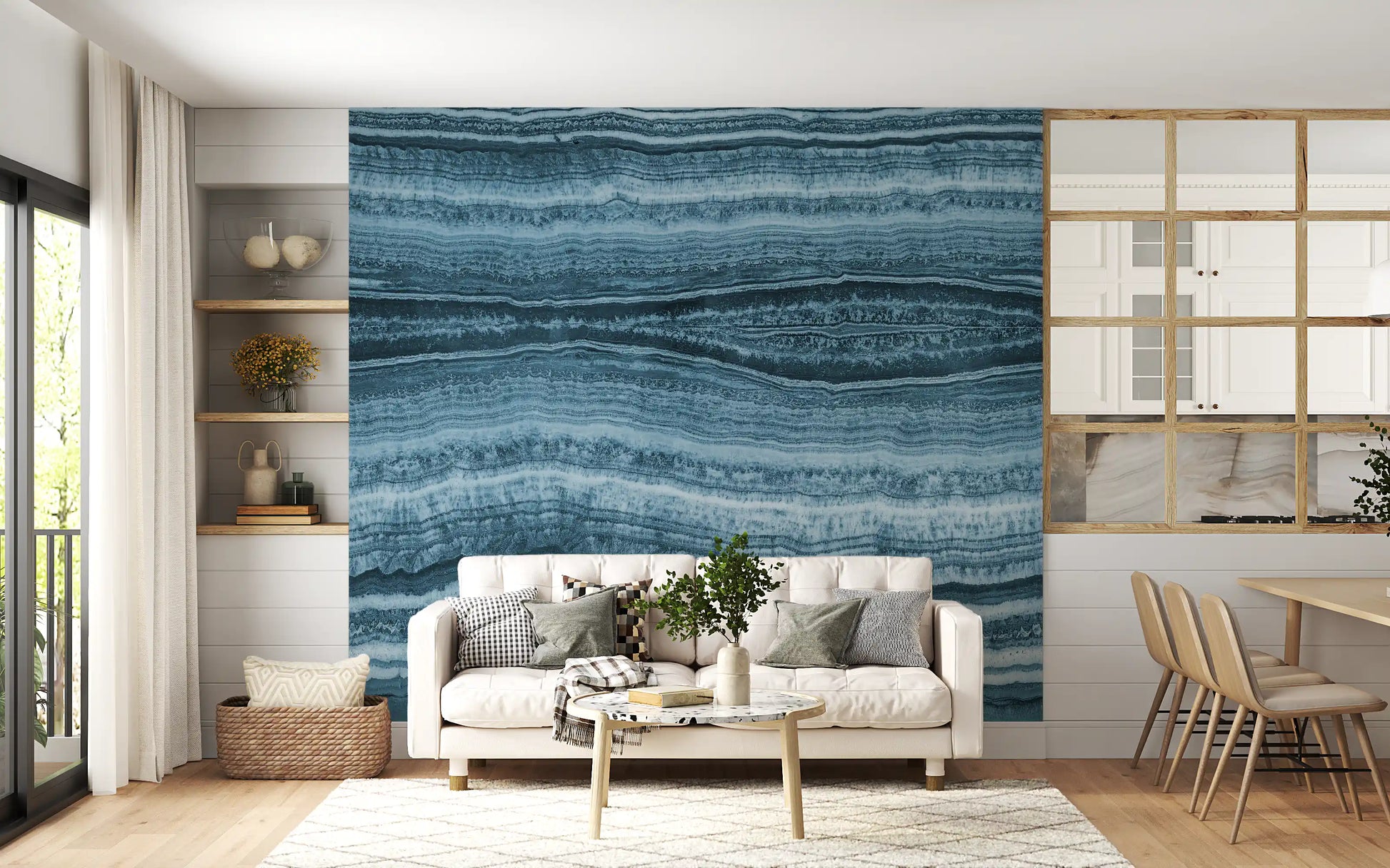 Dining room feature using the Deep Azure Strata wall mural 