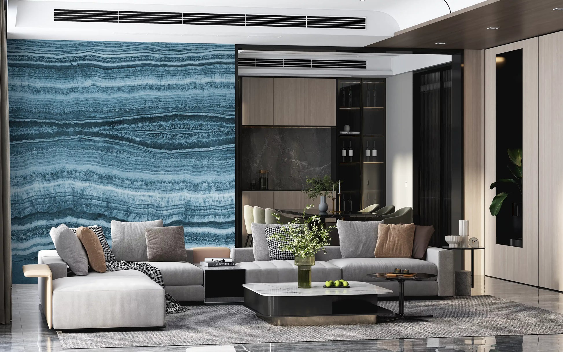 Mineral ripples and chalky white lines define the Deep Azure Strata wall mural pattern
