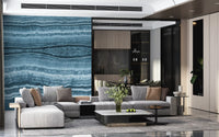Mineral ripples and chalky white lines define the Deep Azure Strata wall mural pattern
