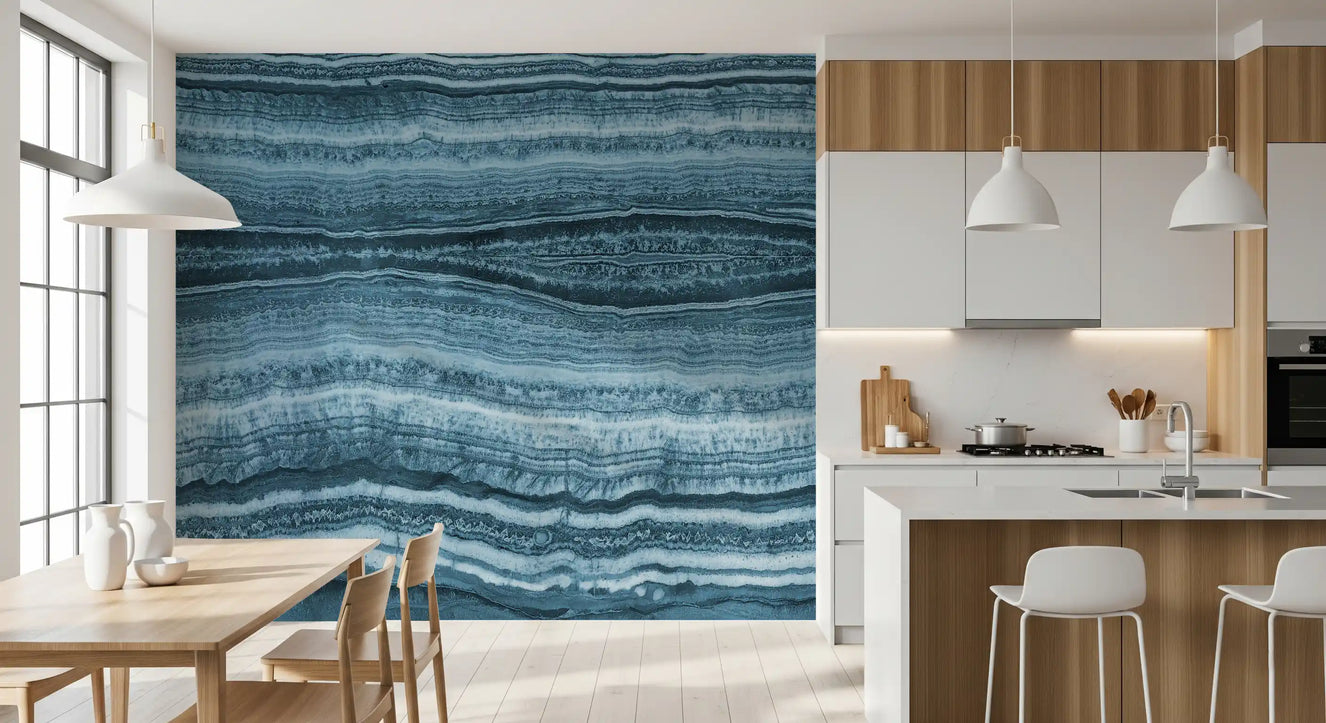Kitchen-dining area lined with the Deep Azure Strata wall mural 