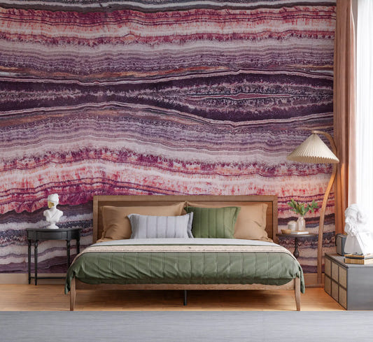 Crimson & Amethyst Strata wall mural keeps a restful tone in this bedroom.