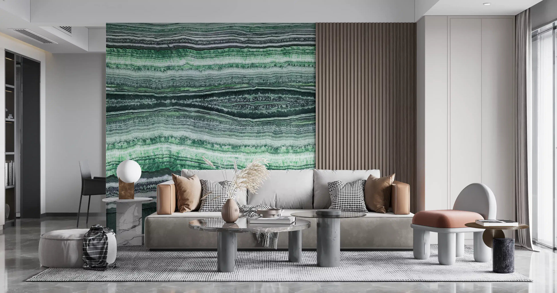 Open Living room area where the wall mural runs behind a stool counter.