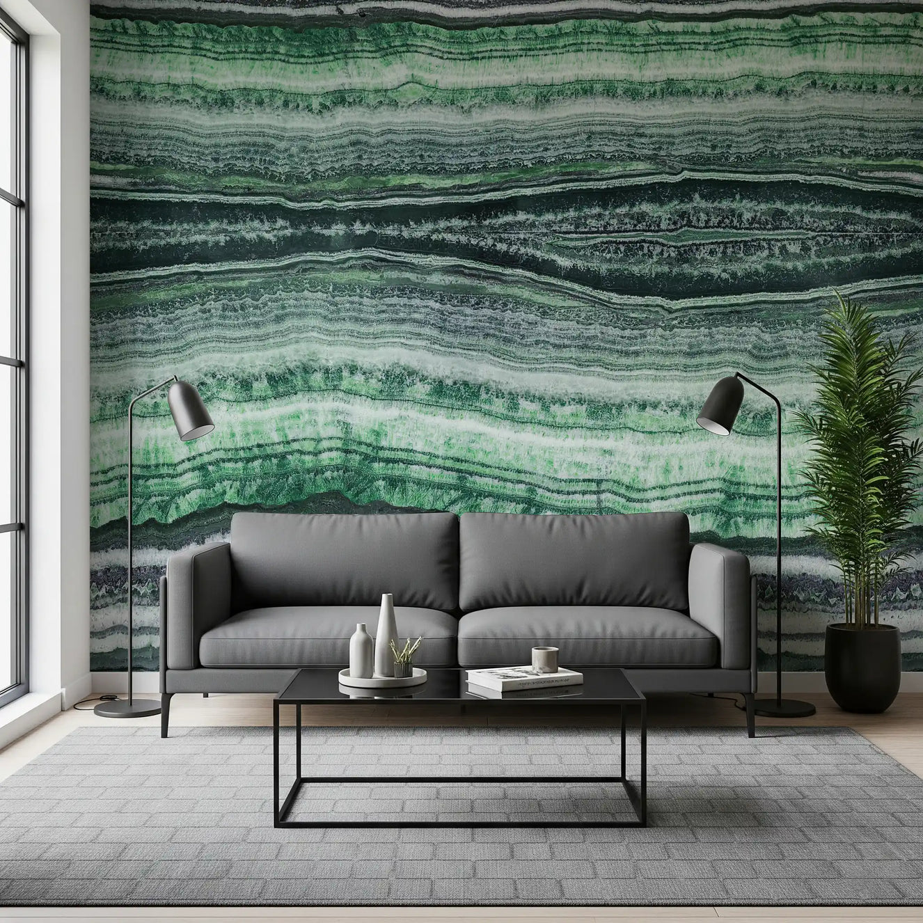 Green Jade Veins wall mural behind a grey sofa in a bright living room.