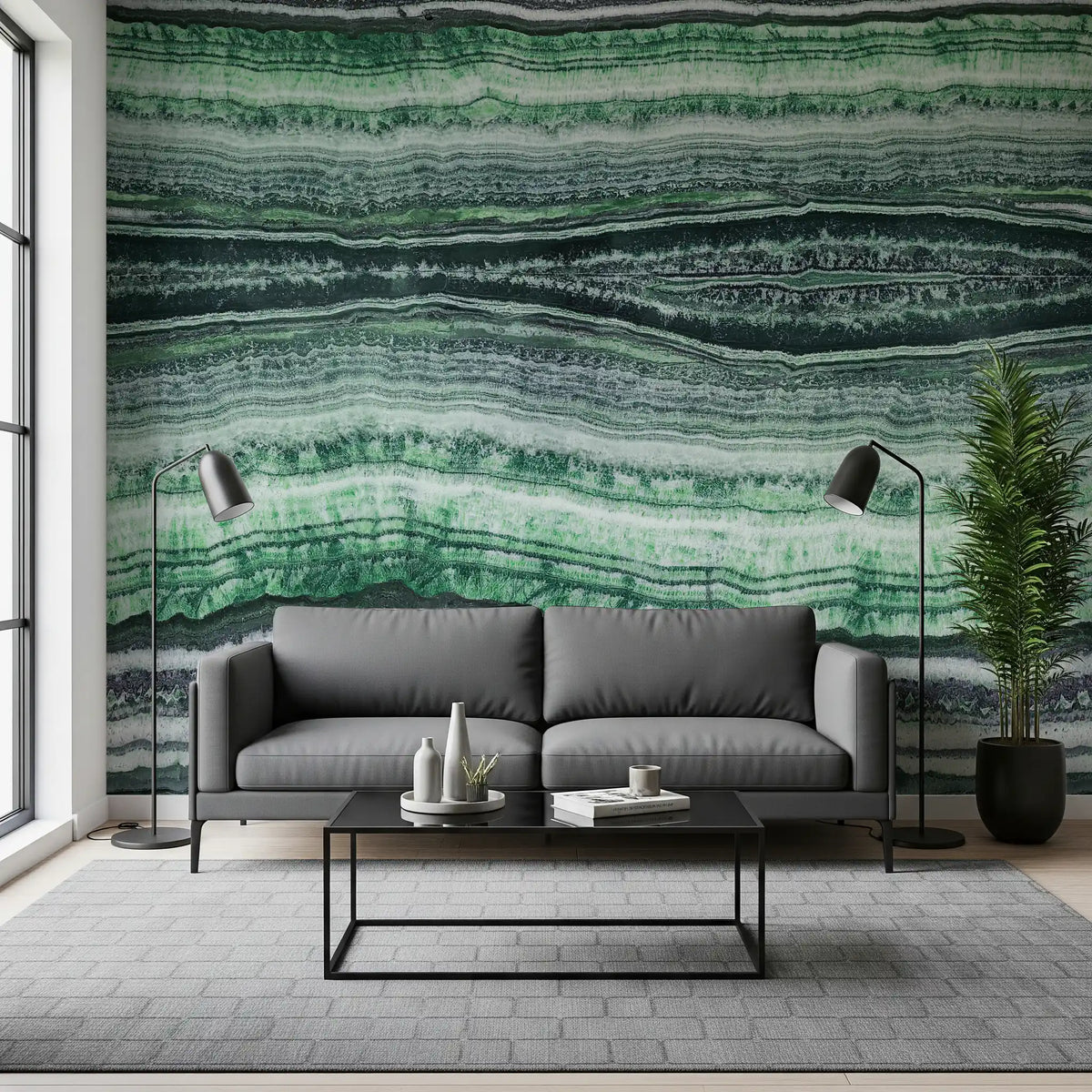 Green Jade Veins wall mural behind a grey sofa in a bright living room.