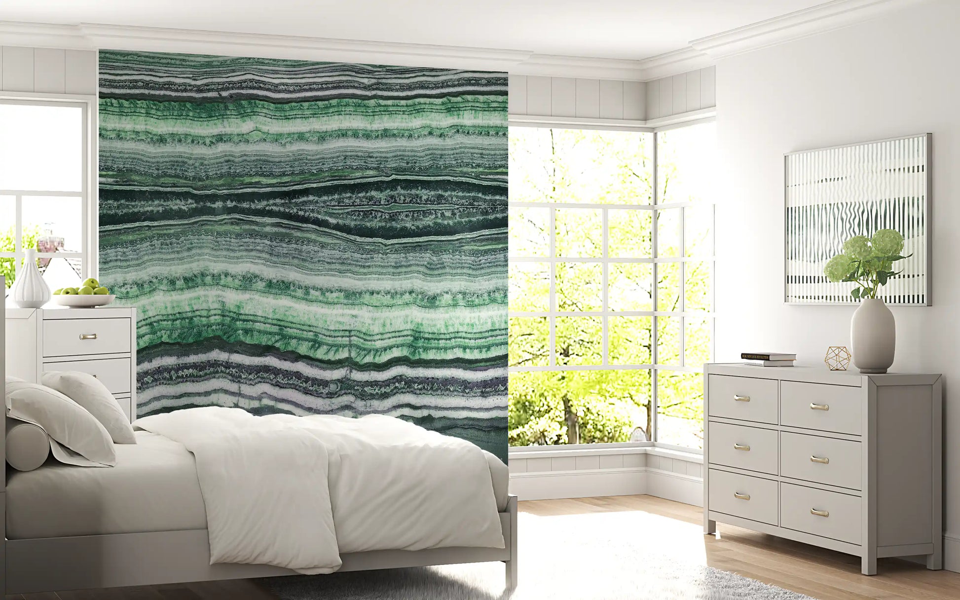 Cosy Bedroom framed by the Jade Veins wall mural