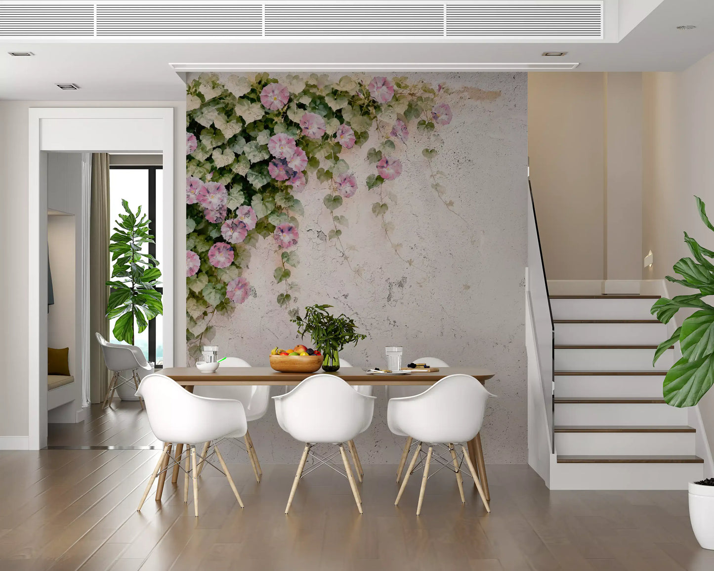 Painterly blush vines drift across the dining room feature in this wall mural