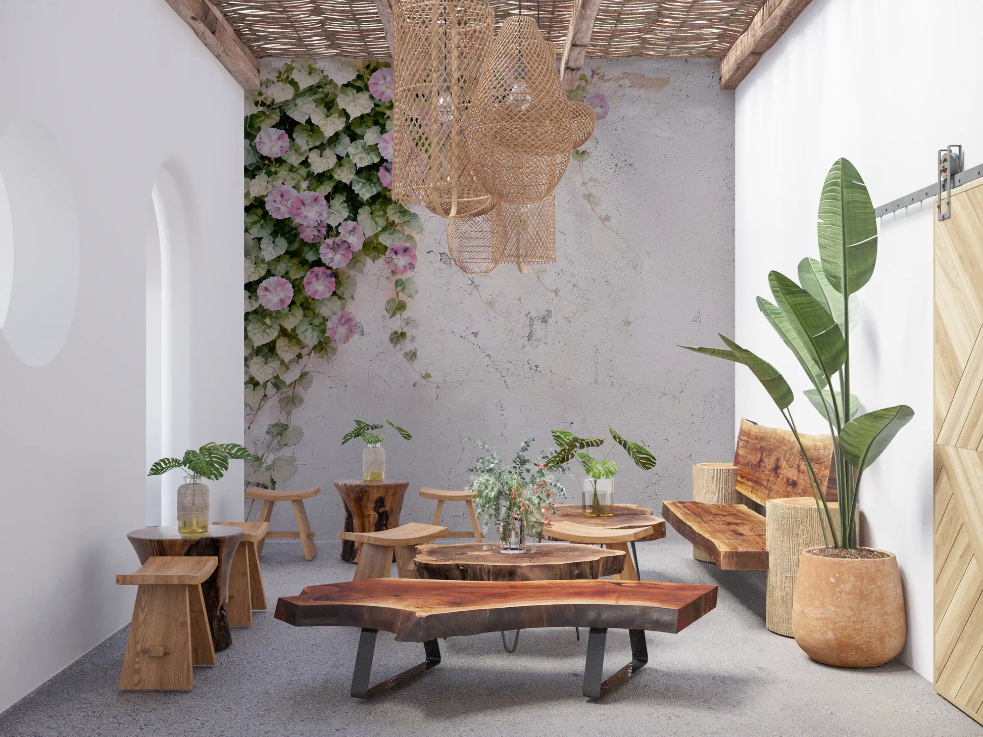 Painterly pink morning glory blooms cascade from the corner in this wall mural