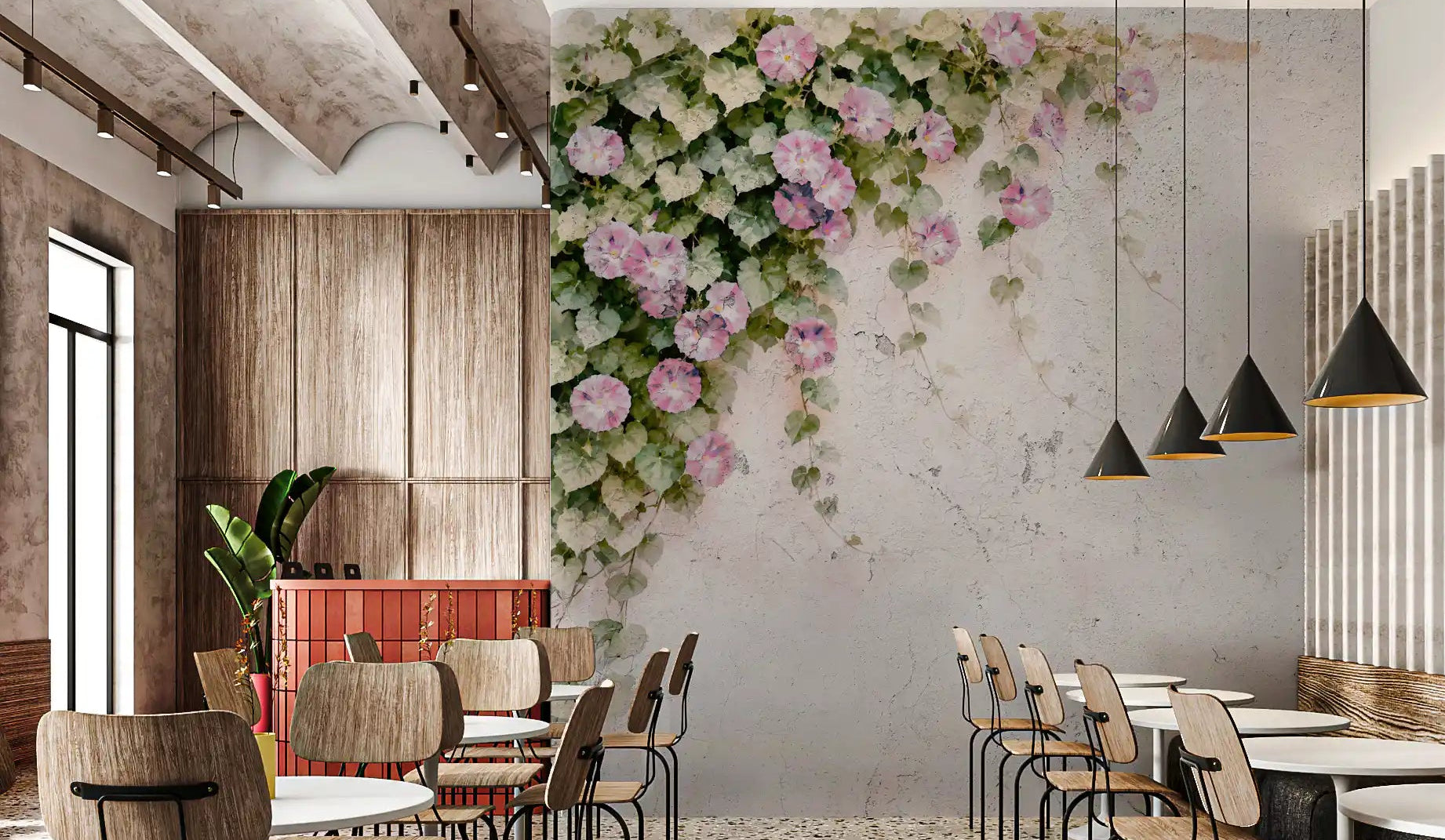 Cafe seating sits below trailing pink morning glory in this rustic wall mural