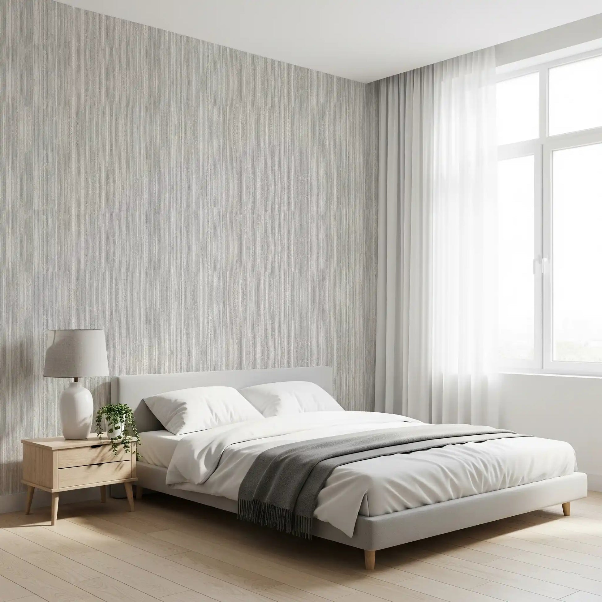 Threaded vertical lines stretch through a Bedroom on the Linen Serenity wallpaper